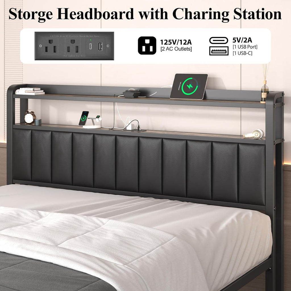 LoVinson Full Size Bed Frame with Headboard & Star Projector, Metal Upholstered Bed Frame with Charging Station, Heavy Duty Bedframe with Storage Ottoman, Noise-Free, No Box Spring Needed, Black