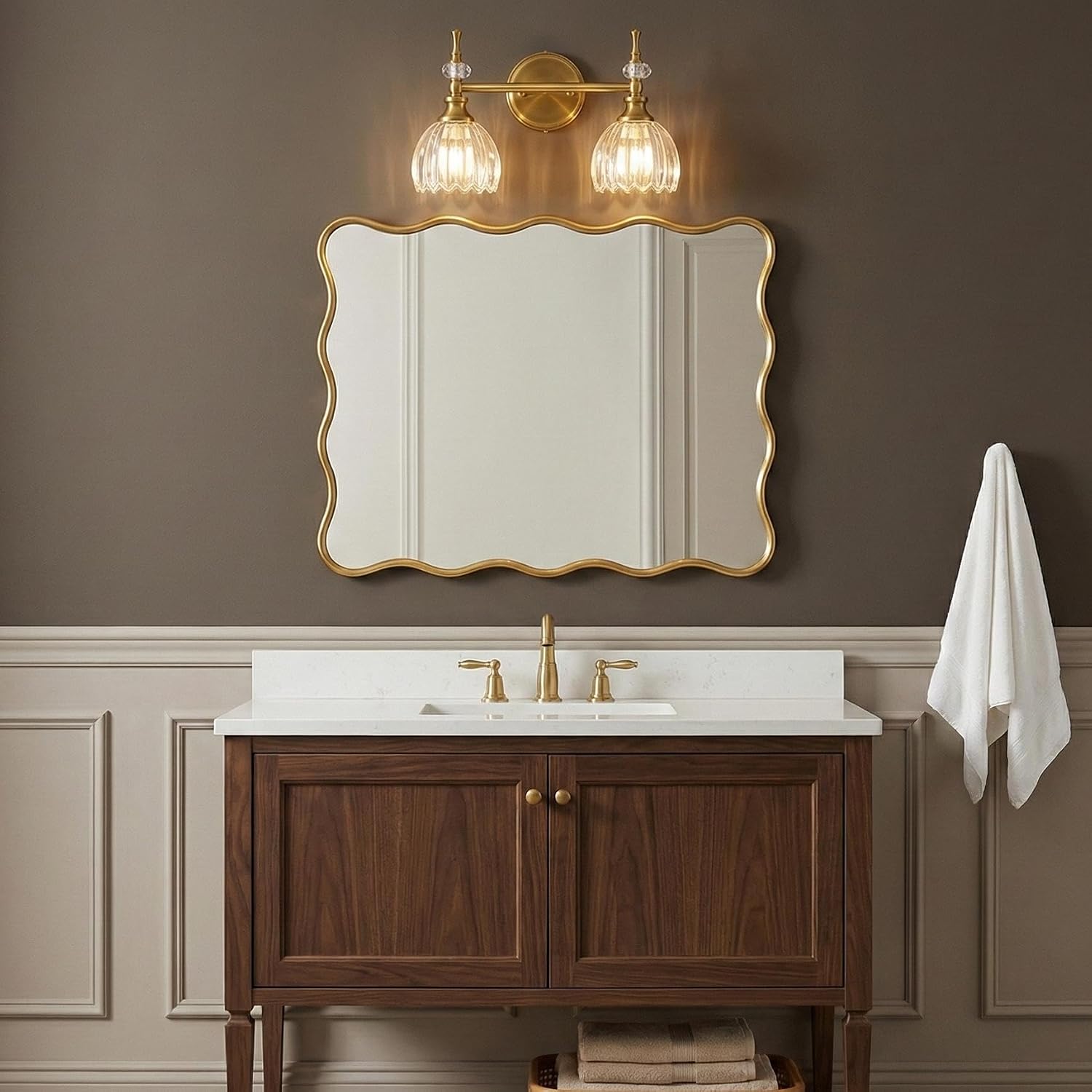 ANDY STAR Transitional 2-Light Bathroom Vanity Light, Brushed Gold Wall Sconce, Tulip Ribbed Glass with Crystal Accent, Reversible Mounting