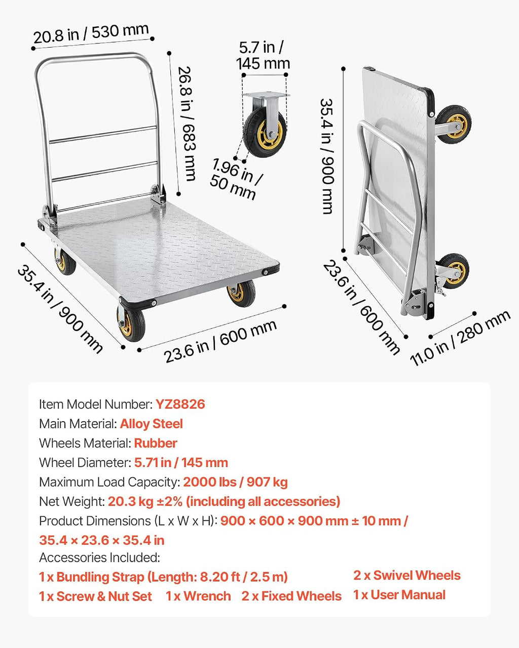 VEVOR Heavy Duty Platform Truck, 2000 LBS Steel Large Flatbed Cart with 360° Swivel Wheels & Brakes, Foldable Platform Hand Push Truck Dolly for Easy Storag/Groceries/Garage/Warehouse (36' X 24')