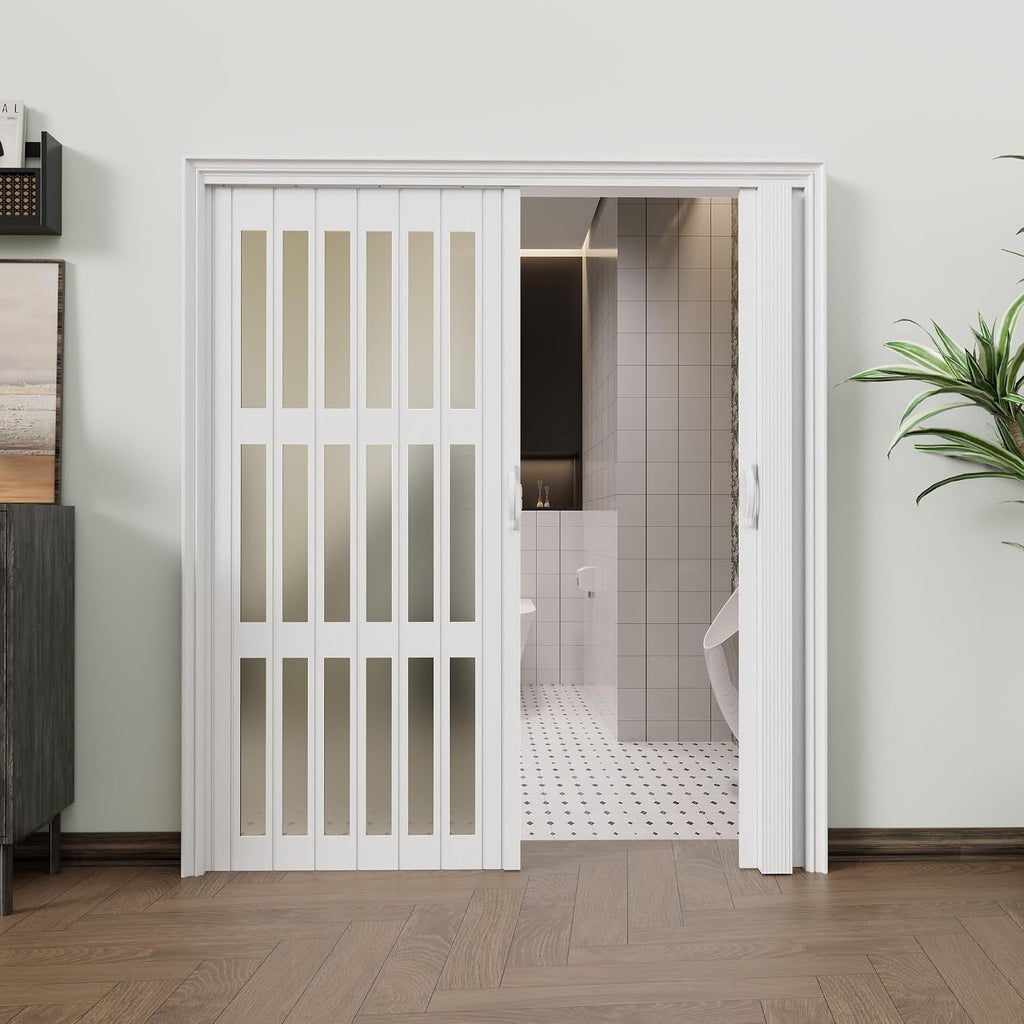 Enhanced Double-Layer Accordion Doors 48'-72' x 80', with Upgraded Roller & Handle & Complete Hardware, Interior Multifold Folding Doors for Closet & Pantry, Easy Installation