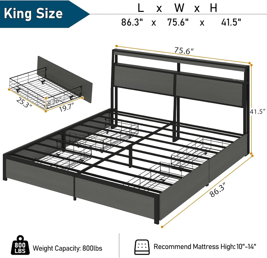 SADENICEL King Bed Frame with Storage Headboard and 4 Drawers, Metal Platform Bed Frame with LED Light, Charging Station, No Box Spring Needed, Noise Free, Easy Assembly, Rustic Grey