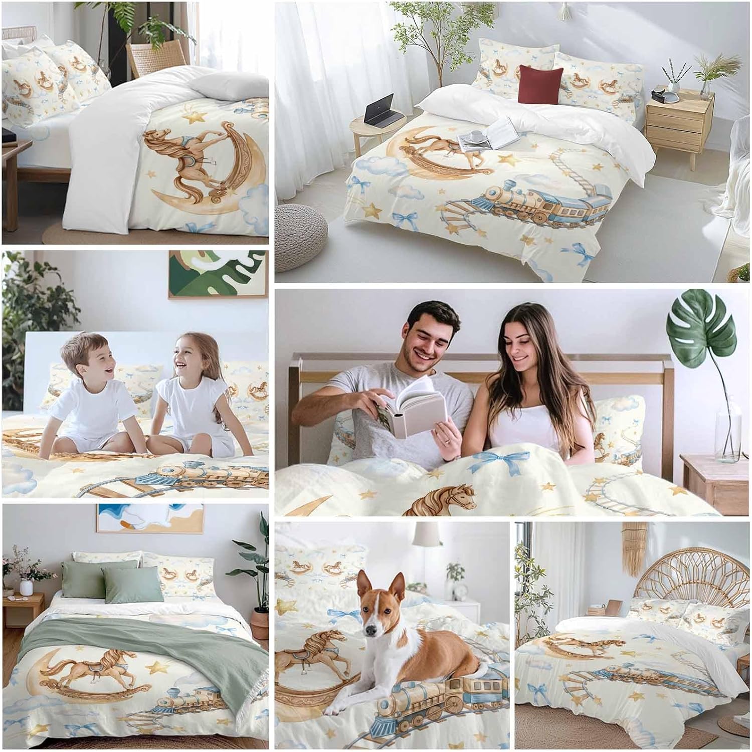 Horses Stars Duvet Cover Set Queen Size 4 Pieces Trains Rail Orbits Cloud Moon Blue Bow Yellow Bedding Set with Zipper Closure, 1 Comforter Cover 90x92 Inches 1 Flat Sheet & 2 Pillow Cases