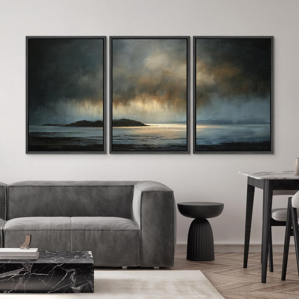 SIGNWIN Framed Canvas Print Wall Art Set Moody Ocean Sunset Dark Blue and Gold Seascape Landscape Illustrations Modern Art Decorative Scenic Rustic for Living Room, Bedroom, Office - 24'x36'x3 Black