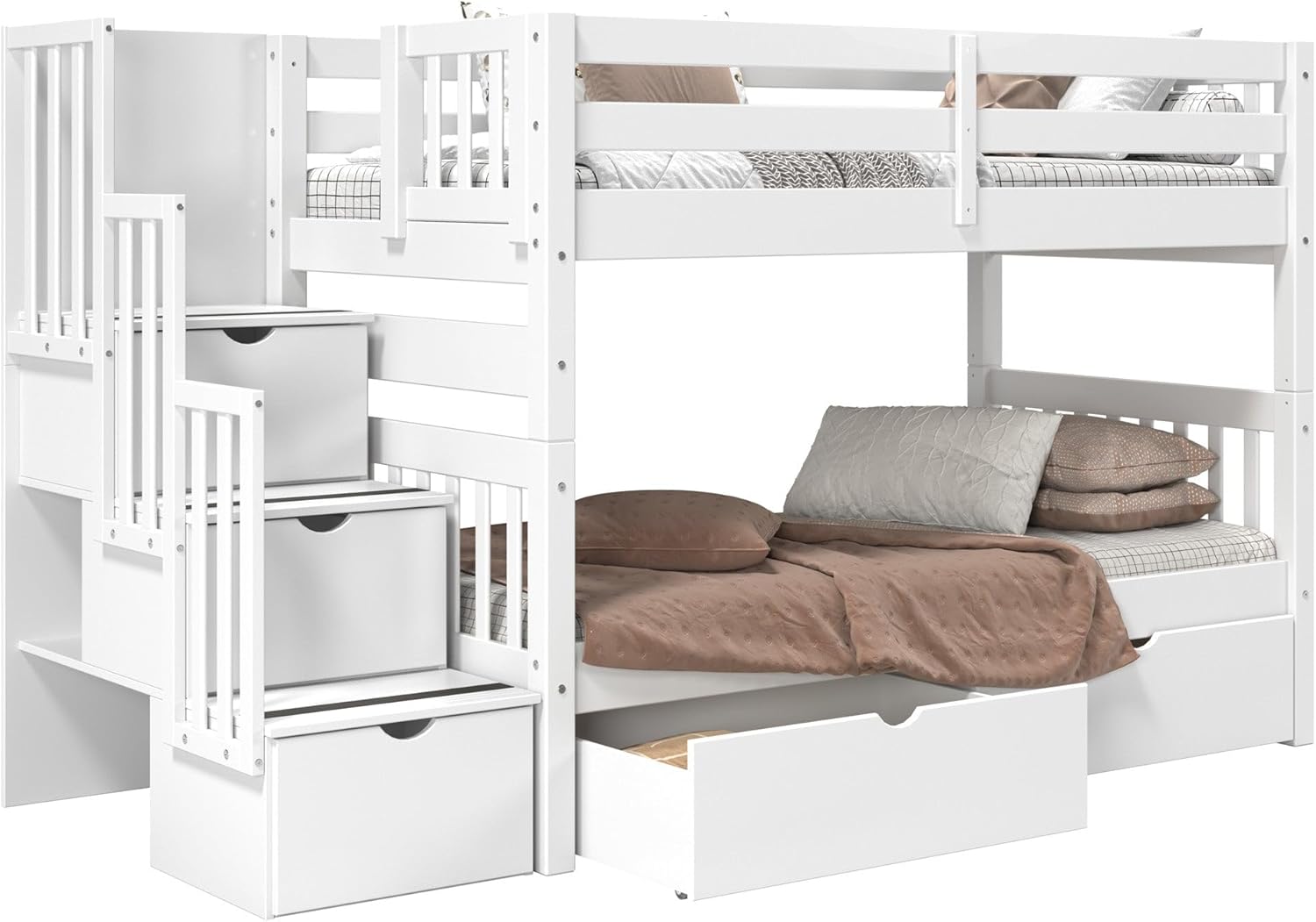 Bedz King Stairway Bunk Beds Twin Over Twin, 3 Step Drawers, 2 Storage Drawers, White