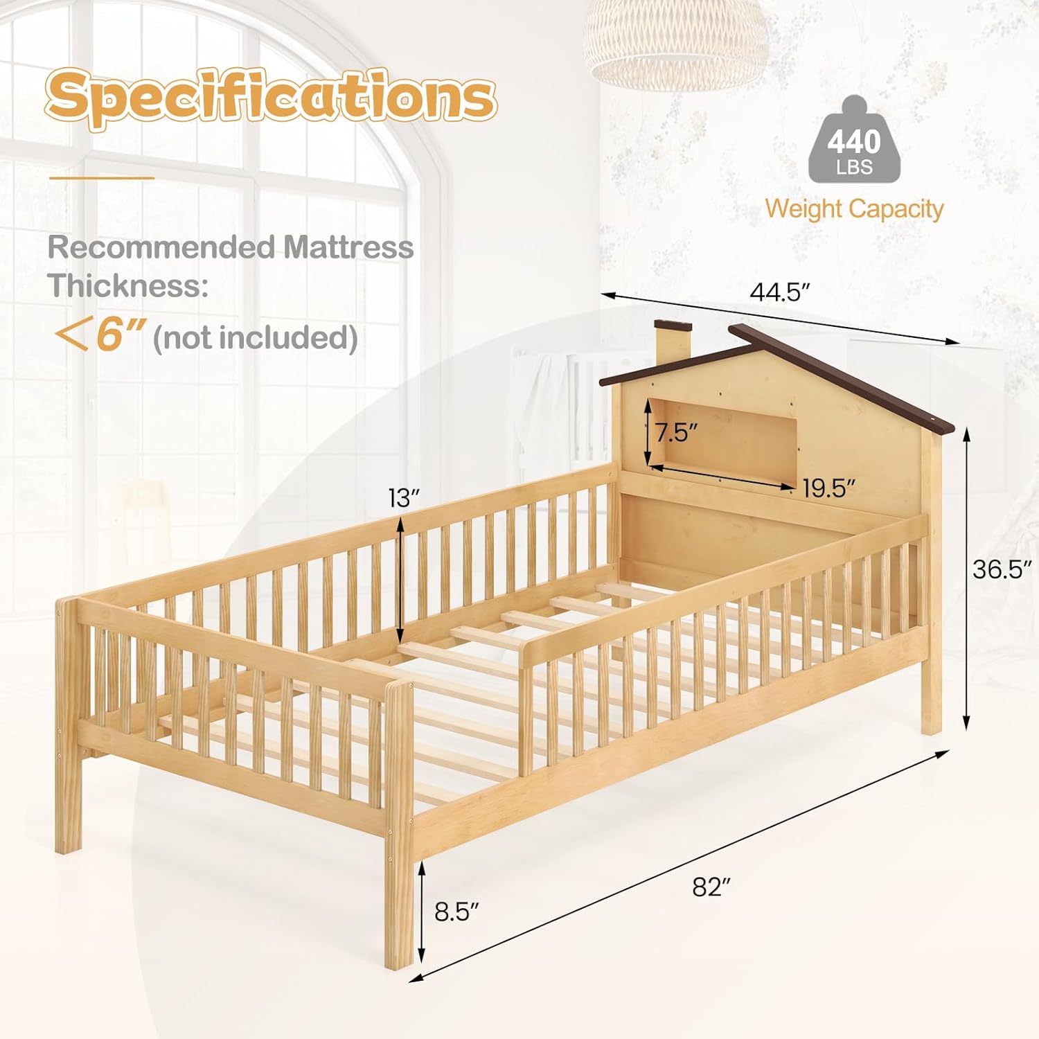 KOMFOTT Twin Bed Frame with Rails & House Shaped Headboard, Solid Wood Platform Bed with Safety Guardrails, Storage Cube & Under-Bed Storage, No Box Spring Needed, Twin Bed with Rails (Natural)