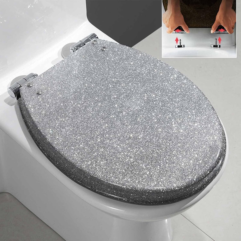 Toilet Seat Soft Close Toilet Seat Black Toilet Seat Cover, Sparkly Toilet Seat Glitter Toilet Seat Slow Close Toilet Seat Round(Gold)