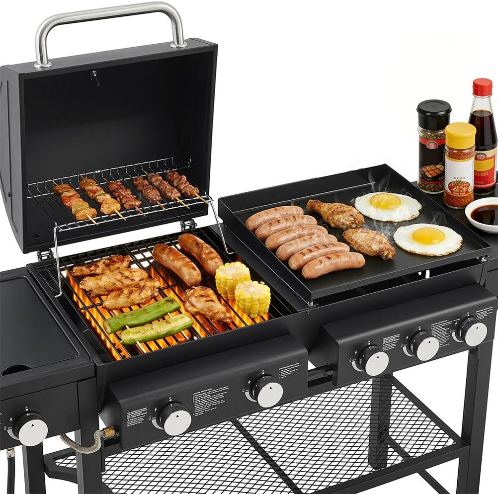 5 Burner Gas Grill and Griddle Combo with Side Burner, 3-in-1 Outdoor Propane Grill, 745 Sq. in. Cooking Area, Stainless Steel BBQ Grill on Wheels for Backyard BBQ & Outdoor Cooking