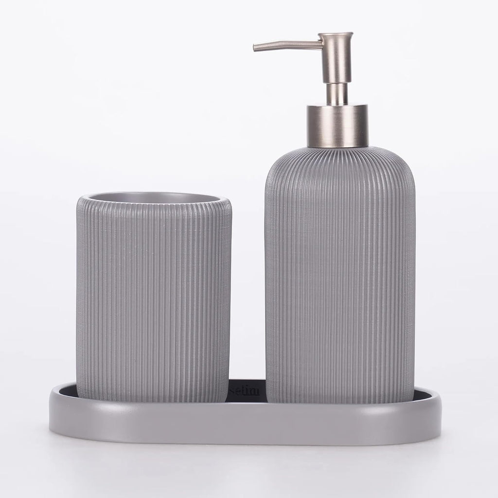 Lydia Collection 5-Piece Resin Bathroom Accessories Set – Toilet Brush Holder, Waste Bin, Soap Dispenser, Tray & Toothbrush Holder (Gray)