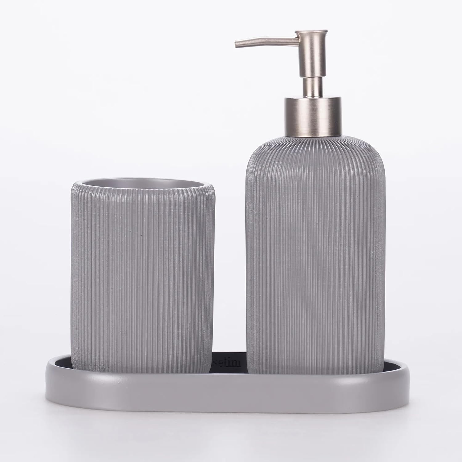Lydia Collection 5-Piece Resin Bathroom Accessories Set – Toilet Brush Holder, Waste Bin, Soap Dispenser, Tray & Toothbrush Holder (Gray)