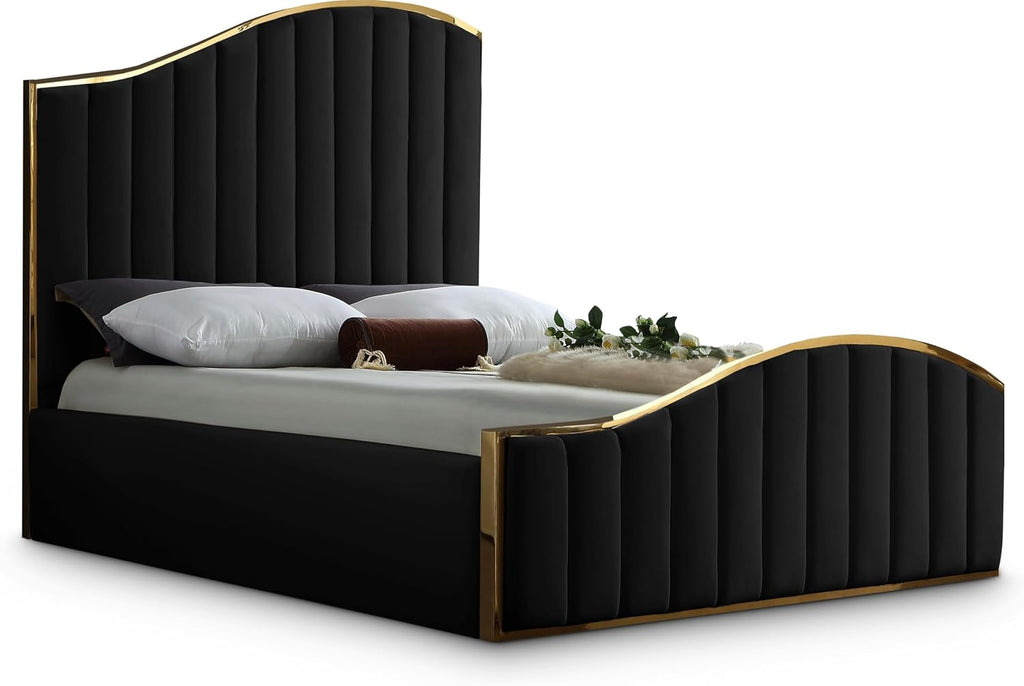 Meridian Furniture Jolie Collection Modern | Contemporary Velvet Upholstered Bed With Channel Tufting, And Polished Gold Metal Frame, Black, Queen