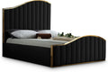 Meridian Furniture Jolie Collection Modern | Contemporary Velvet Upholstered Bed With Channel Tufting, And Polished Gold Metal Frame, Black, Queen