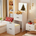 Lvifur 3 in 1 Small Vanity Desk with Plip Top Mirror,Makeup Vanity Set with Visible Glass Desktop,Compact Vanity with 3 Drawers,Storage Compartment and Padded Stool,Dressing Table for Bedroom,White