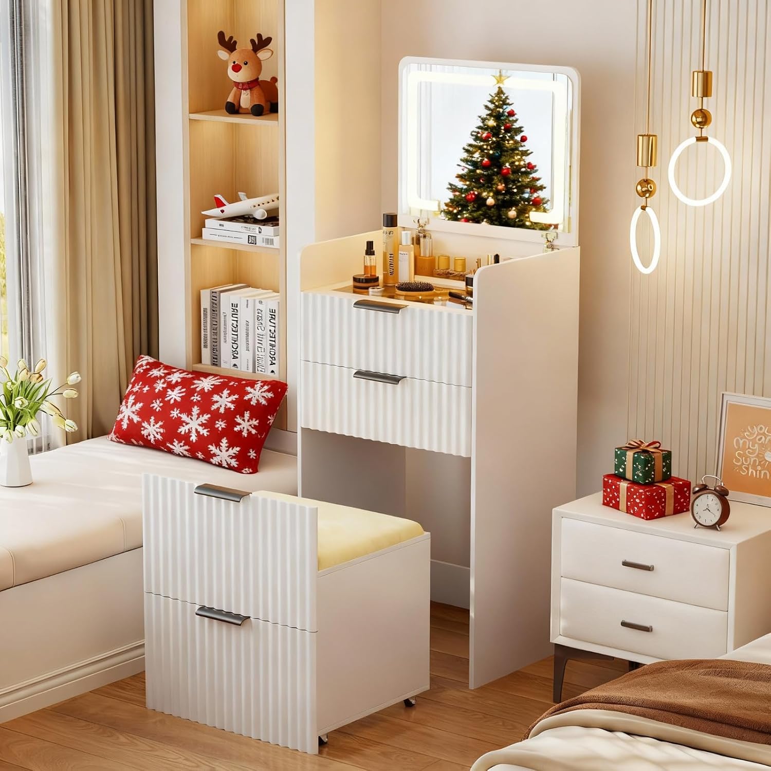 Lvifur 3 in 1 Small Vanity Desk with Plip Top Mirror,Makeup Vanity Set with Visible Glass Desktop,Compact Vanity with 3 Drawers,Storage Compartment and Padded Stool,Dressing Table for Bedroom,White