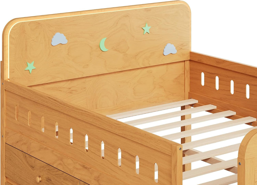 VilroCaz Full Size Platform Bed with Guardrail and 4 Drawers, Wooden Kids Platform Bed Frame with Two-Step Staircases and Light Strip for Boys Girls, Sturdy Slats Support (Wood-11A)