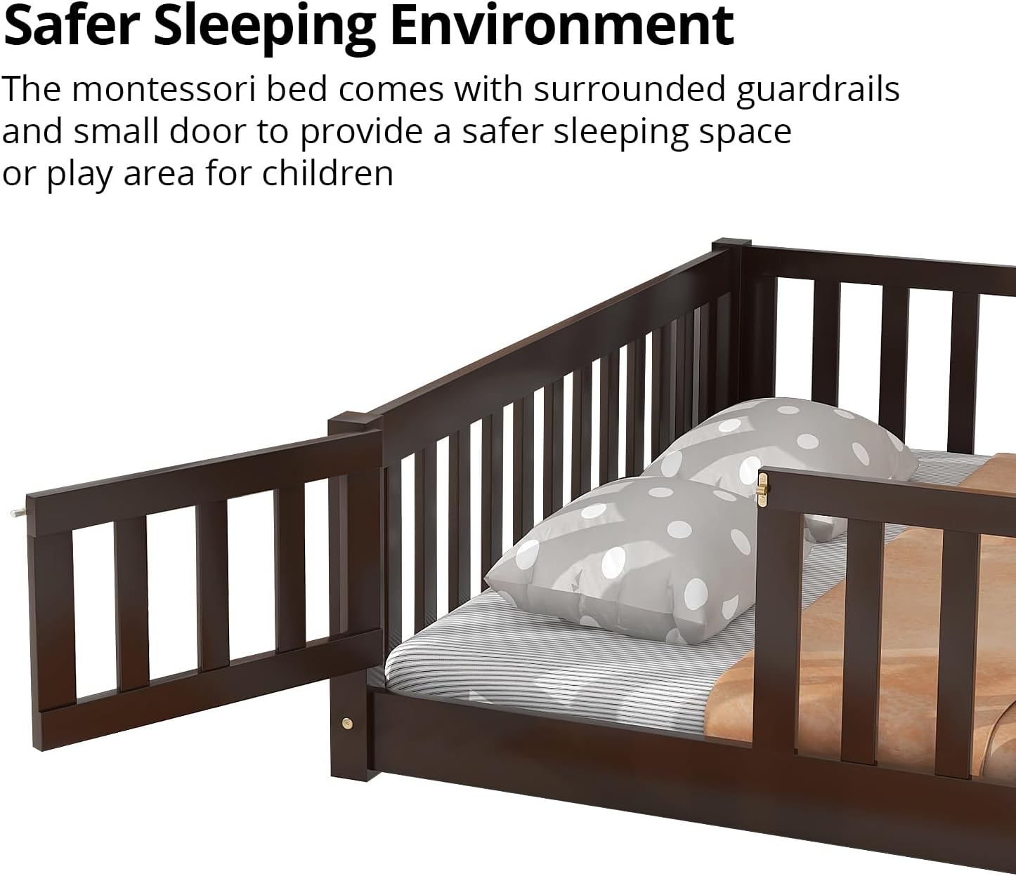 i-POOK Twin Size Wood Montessori Bed Frame with Wood Slats, Fence & Door for Children Girls and Boys, Espresso (with Bed Slats)