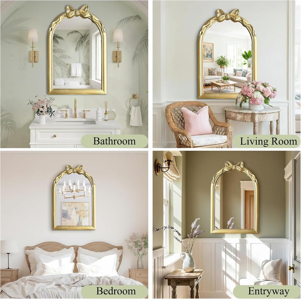 36x24 Arched Gold Bow Wall Mirror, Vintage Vanity Mirror for Bathroom & Bedroom Decor, Antique French Style Engineered Wood Frame with Ribbon Knot, Cute Coquette Aesthetic