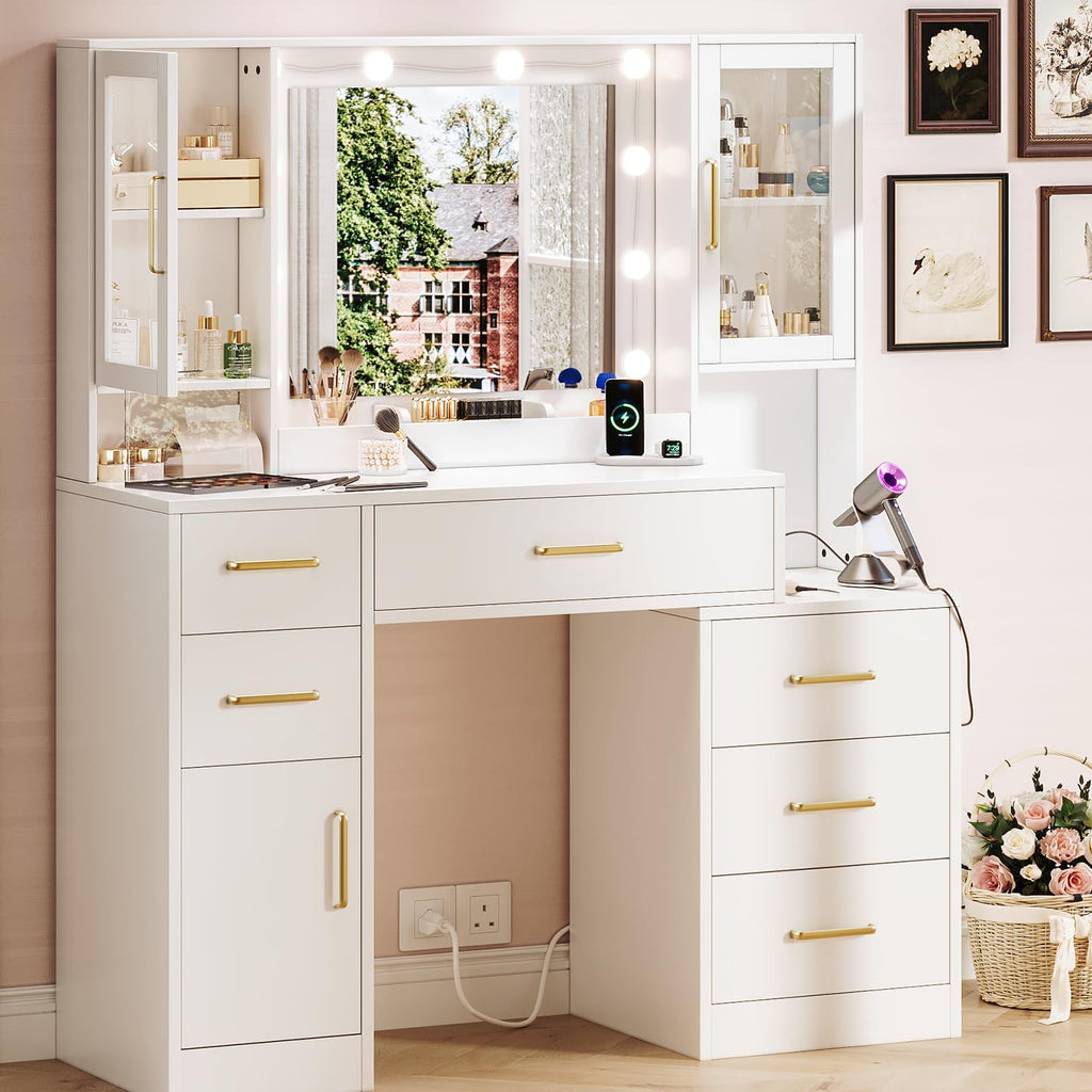TOKSOM 51' Vanity Desk with Mirror and Lights & Charging Station, Bedroom Dressing Table, Large Vanity Set, 6 Drawers and 2 Cabinets, Makeup Vanity Table with Charging Station, Without Stool
