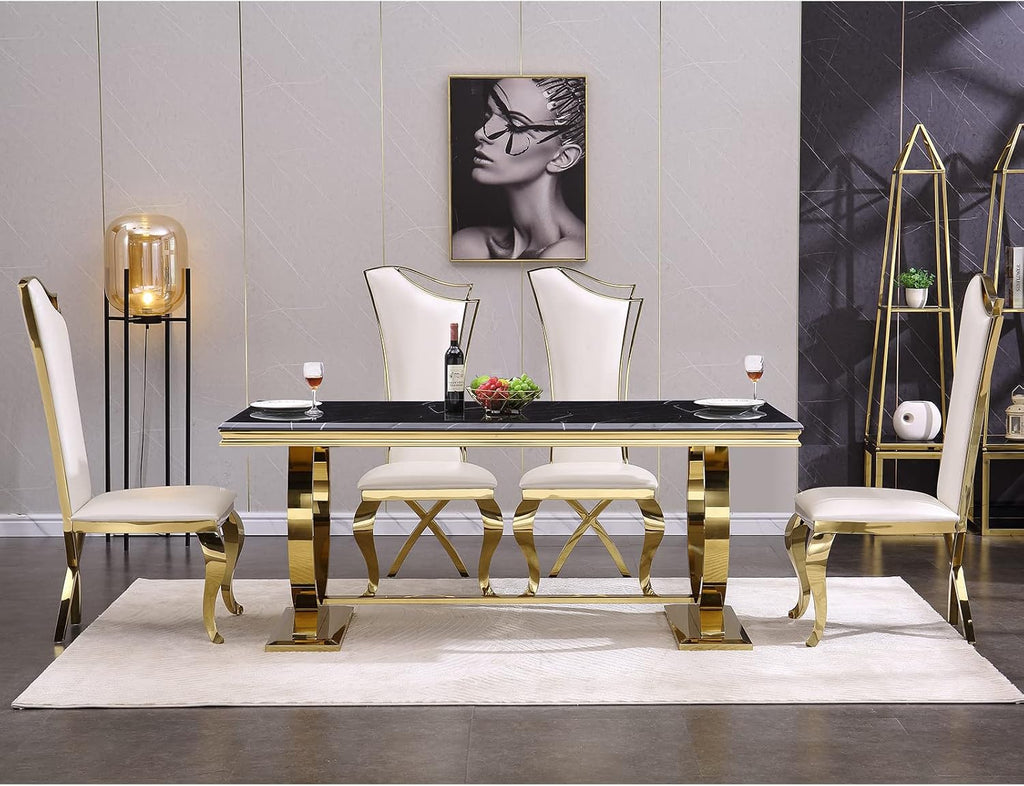 ACEDÉCOR 7 Piece Dining Table Set for 6, Gold Kitchen and Dining Room Table Set with U-Shaped Base Dining Table and 6 White Leather Upholstered Dining Chairs