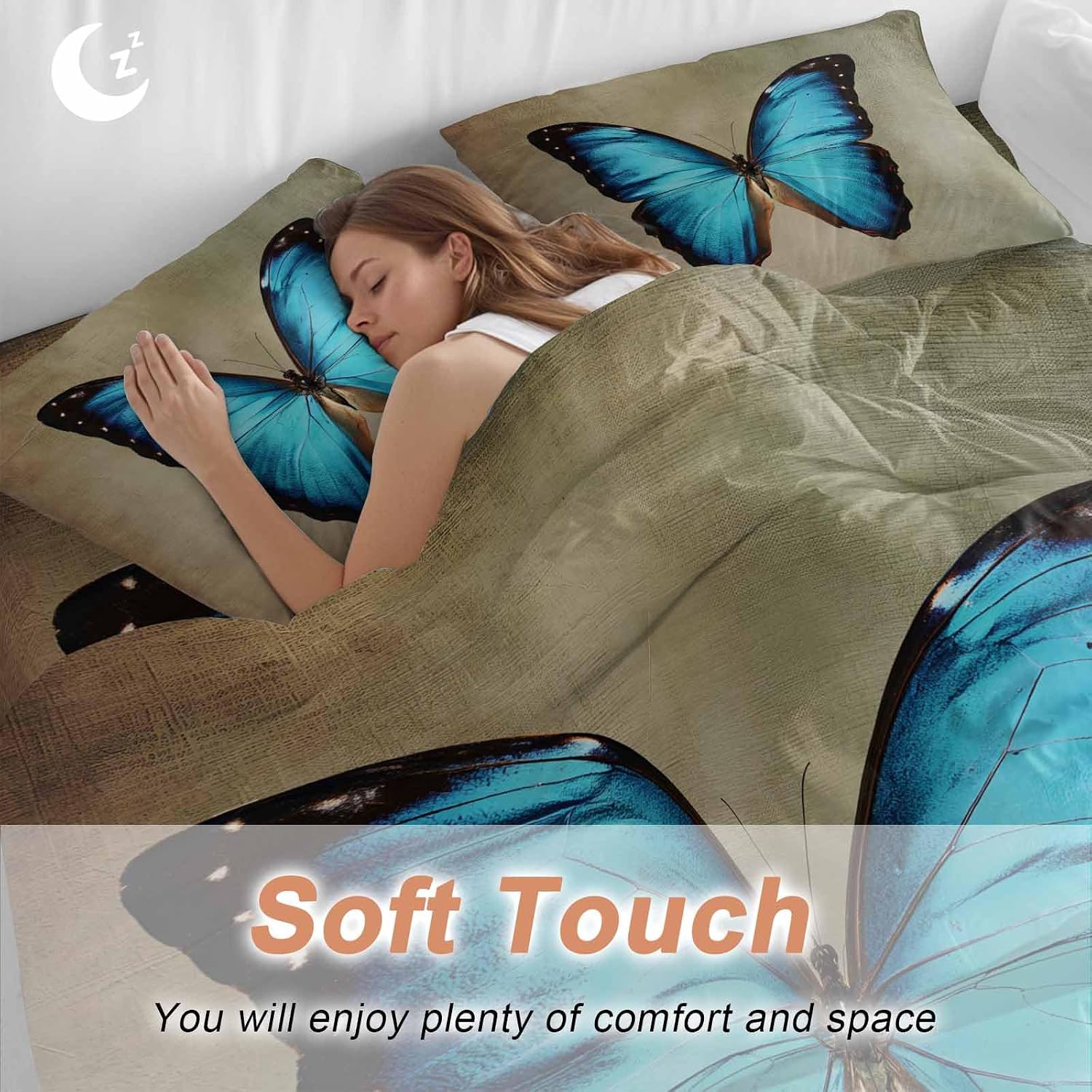 Prime Leader Blue Butterfly Duvet Cover Set Queen Size 4 Pieces Vintage Brown Retro Bug Farm Bedding Set with Zipper Closure, 1 Comforter Cover 92x106 Inches 1 Flat Sheet & 2 Pillow Cases