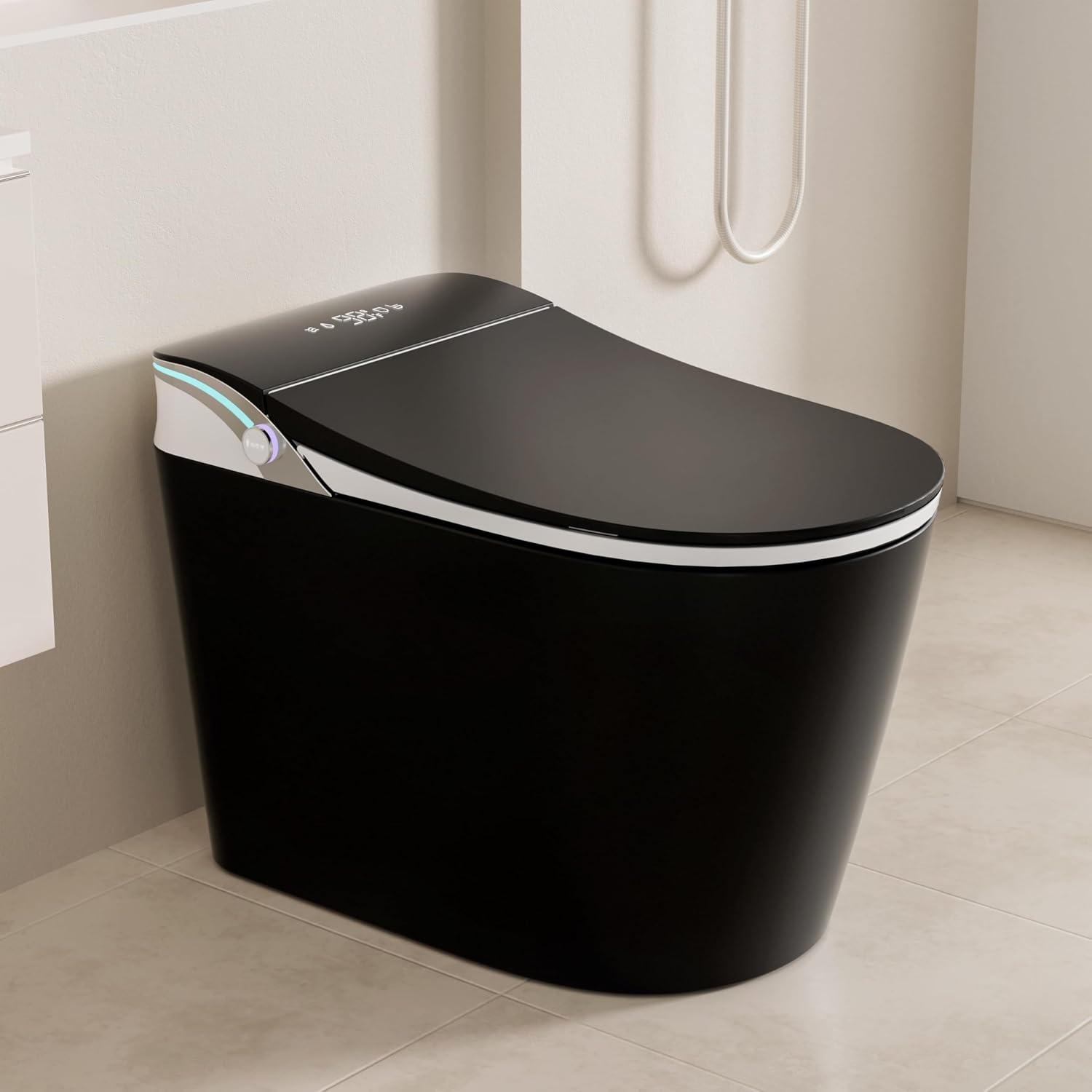 Smart Toilet with Heated Seat & Auto Flush - Bidet, Warm Air Dryer, Night Light, Auto Open/Close Lid, Soft Close Matte Black and White .(Elongated)