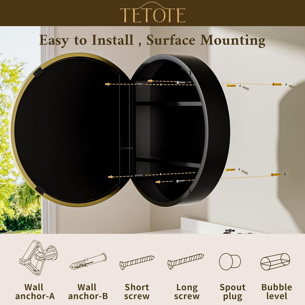 TETOTE Gold Medicine Cabinet with Mirror Round Medicine Cabinets Mirror for Bathroom 28 x 28 Adjustable Shelves Modern Bathroom Organizer with Shelves Wall Mounted