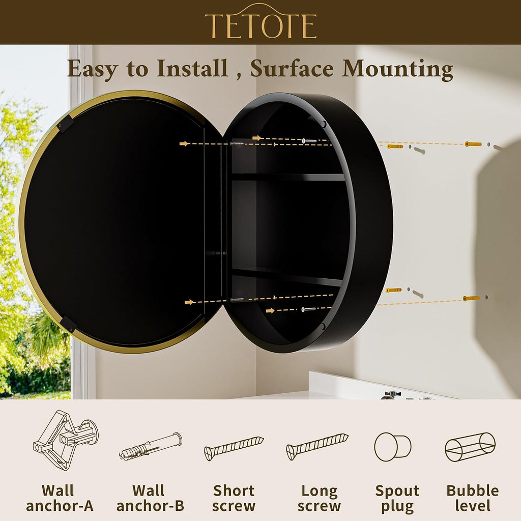 TETOTE Gold Round Bathroom Medicine Cabinet with Mirror 24 x 24 Metal Framed Medicine Cabinet with Storage Adjustable Shelves Farmhouse Wall Mirror with Storage Surface Mounted