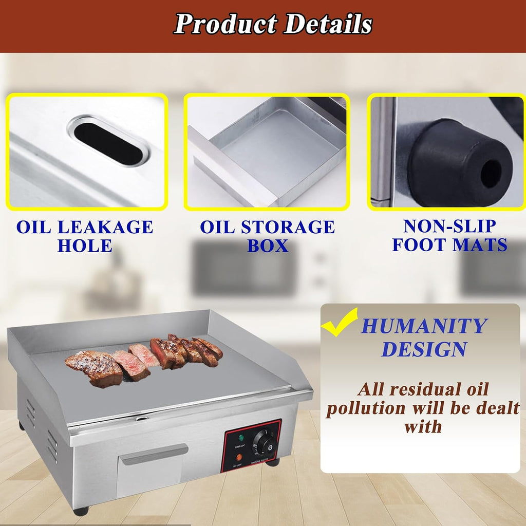 TECHTONGDA Commercial Electric Griddle Countertop Flat Top Griddle Stainless Steel Hot Plate BBQ Teppanyaki Grill Adjustable Temperature Griddle Grill for Home or Restaurant Use