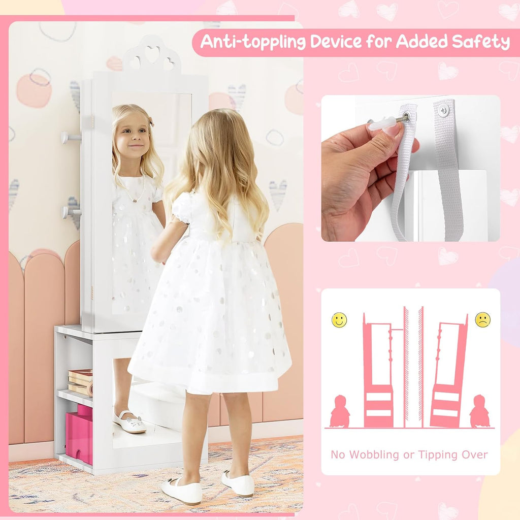 Costzon Kids Vanity & Jewelry Armoire Cabinet, Wooden Kids Vanity Table and Chair Set, Standing Jewelry Organizer with Full-Length Mirror, Large Storage, Kids Bedroom Furniture Set for Girls (White)