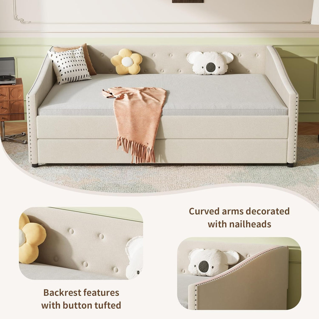 Upholstered Daybed with Trundle, Full Size Day Bed w/Button-Tufted Back and Piping on Waved-Shape Arms for Bedroom or Guest Room, No Box Spring Required,Beige