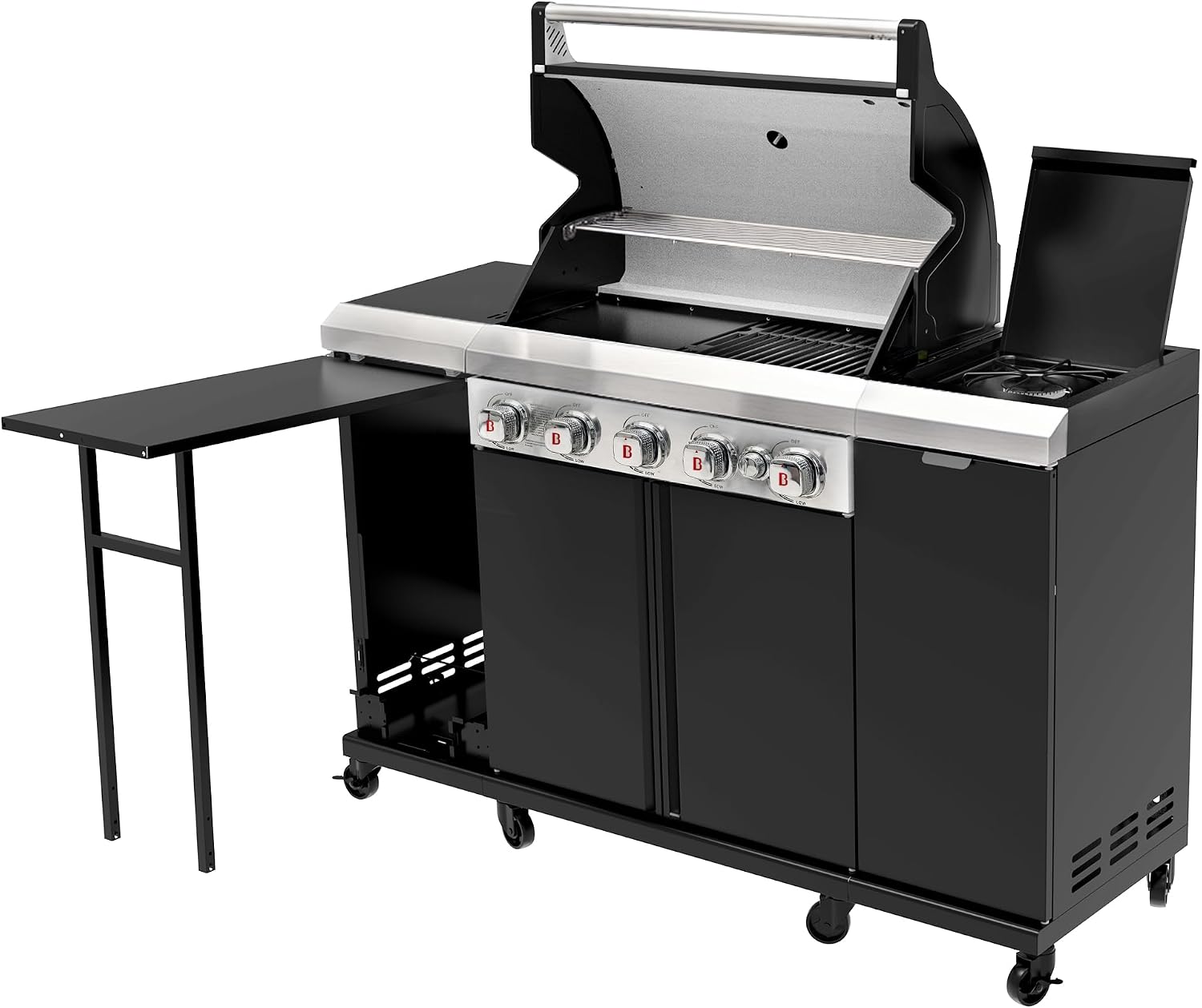 Flintex 5-Burner Propane Gas Kitchen Grill Island with Side Burner,52,000 BTU Stainless Steel BBQ Outdoor Griddle Grill Combo with LPG/NG Convertible and Storage Cabinets & Fold-out Table, Black