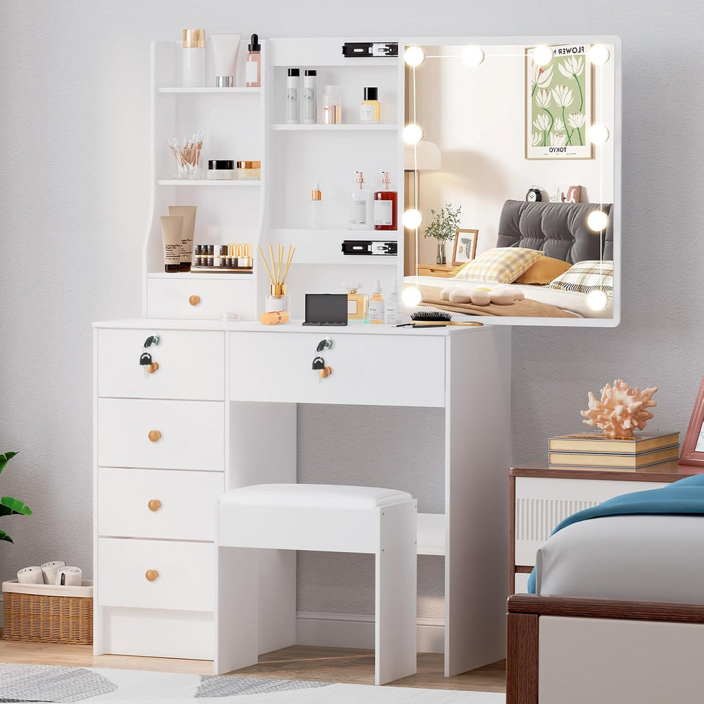 Makeup Vanity Desk with Mirror and Lights, Makeup Vanity Table and Chair Set, Makeup Desk with 6 Drawers & Storage Shelves, 3 Color Modes Adjustable, Vanity Set with Mirror, Dressing Table for Bedroom