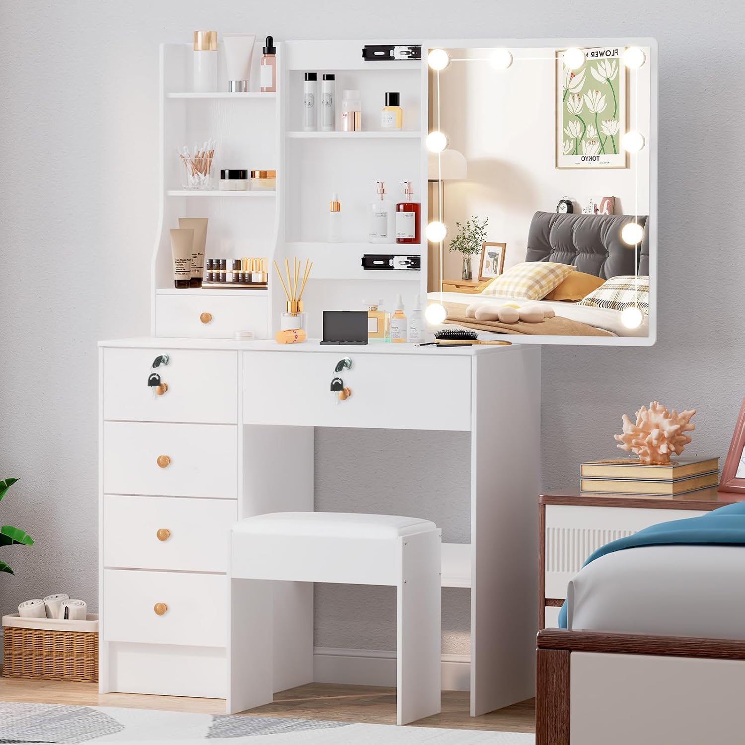 Makeup Vanity Desk with Mirror and Lights, Makeup Vanity Table and Chair Set, Makeup Desk with 6 Drawers & Storage Shelves, 3 Color Modes Adjustable, Vanity Set with Mirror, Dressing Table for Bedroom