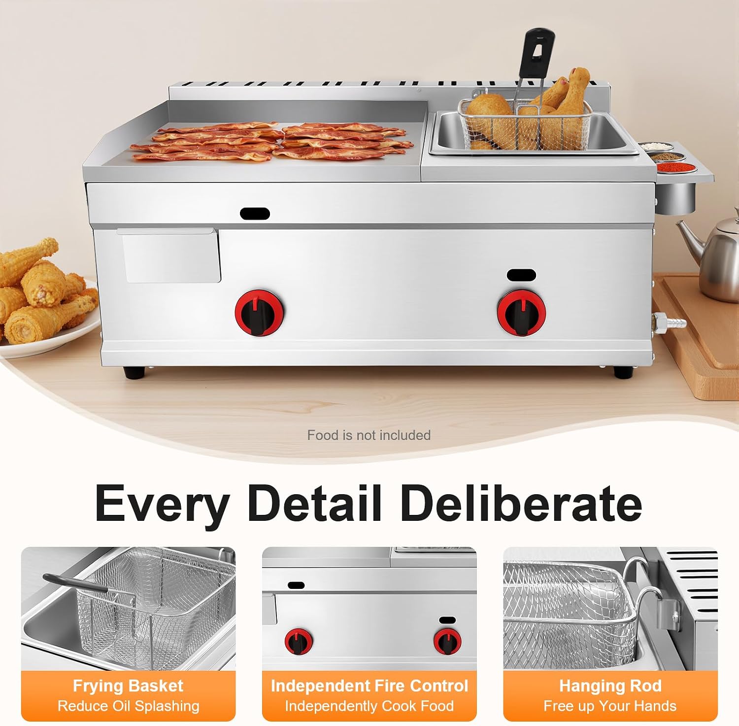 Commercial Deep Fryer, Heavy Duty Manual Flat Top Restaurant Griddle Use Liquefied Gas or Gas, Stainless Steel Portable Grill BBQ Hot Plate Grill and Deep Fryer