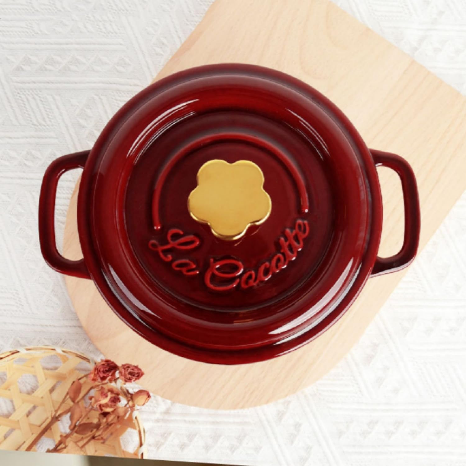 2QT Cast Iron Dutch Oven, Enamel Coated Cookware Pot with Star Knob for Home Baking, Braiser, Cooking, Red (2 Quart)