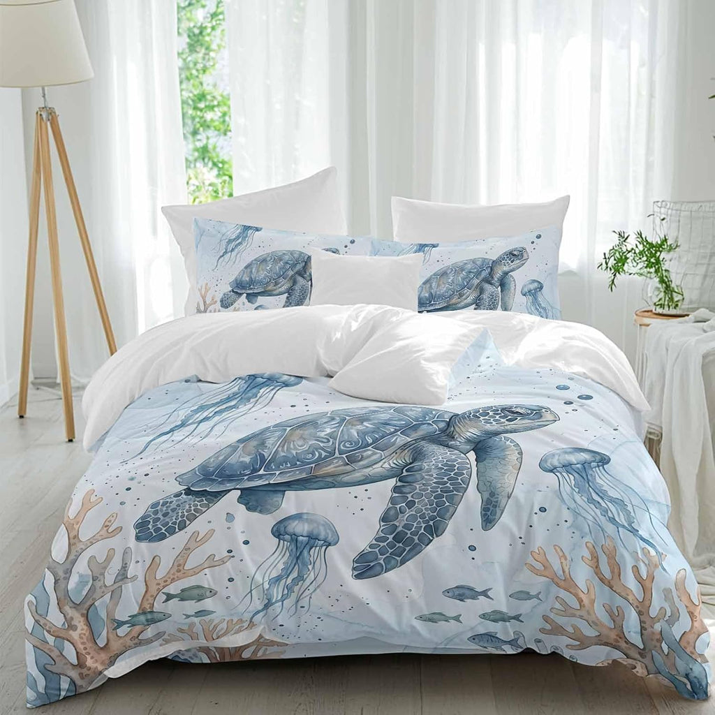 Marine Life Duvet Cover Set Queen Size 4 Pieces Blue Sea Turtle Jellyfish Fish Brown Coral Watercolor Bedding Set with Zipper Closure, 1 Comforter Cover 92x106 Inches 1 Flat Sheet & 2 Pillow Cases