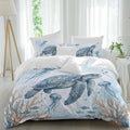 Marine Life Duvet Cover Set Queen Size 4 Pieces Blue Sea Turtle Jellyfish Fish Brown Coral Watercolor Bedding Set with Zipper Closure, 1 Comforter Cover 92x106 Inches 1 Flat Sheet & 2 Pillow Cases