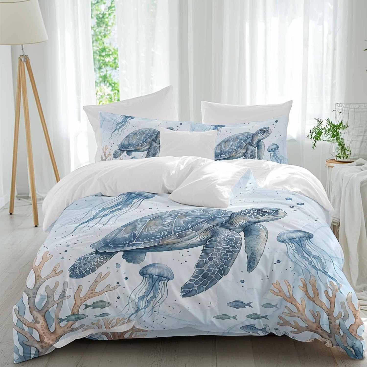 Marine Life Duvet Cover Set Queen Size 4 Pieces Blue Sea Turtle Jellyfish Fish Brown Coral Watercolor Bedding Set with Zipper Closure, 1 Comforter Cover 92x106 Inches 1 Flat Sheet & 2 Pillow Cases