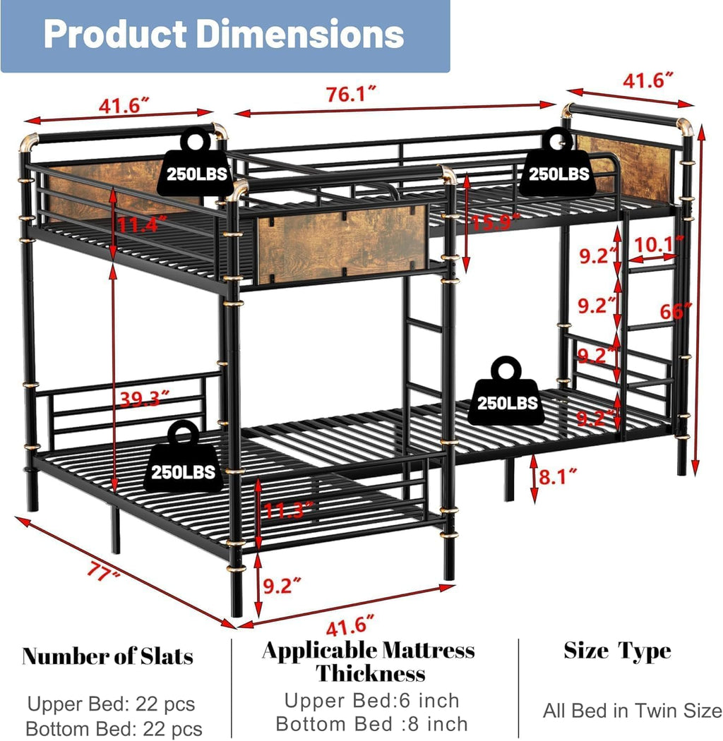 Quad Bunk Bed for 4, Metal L-Shaped Bunk Bed Frame, Industrial Twin 4 Bunk Beds for Kids, Detachable 4 Bunk Beds with Comfort Rungs for Teens Girls Boys，Black