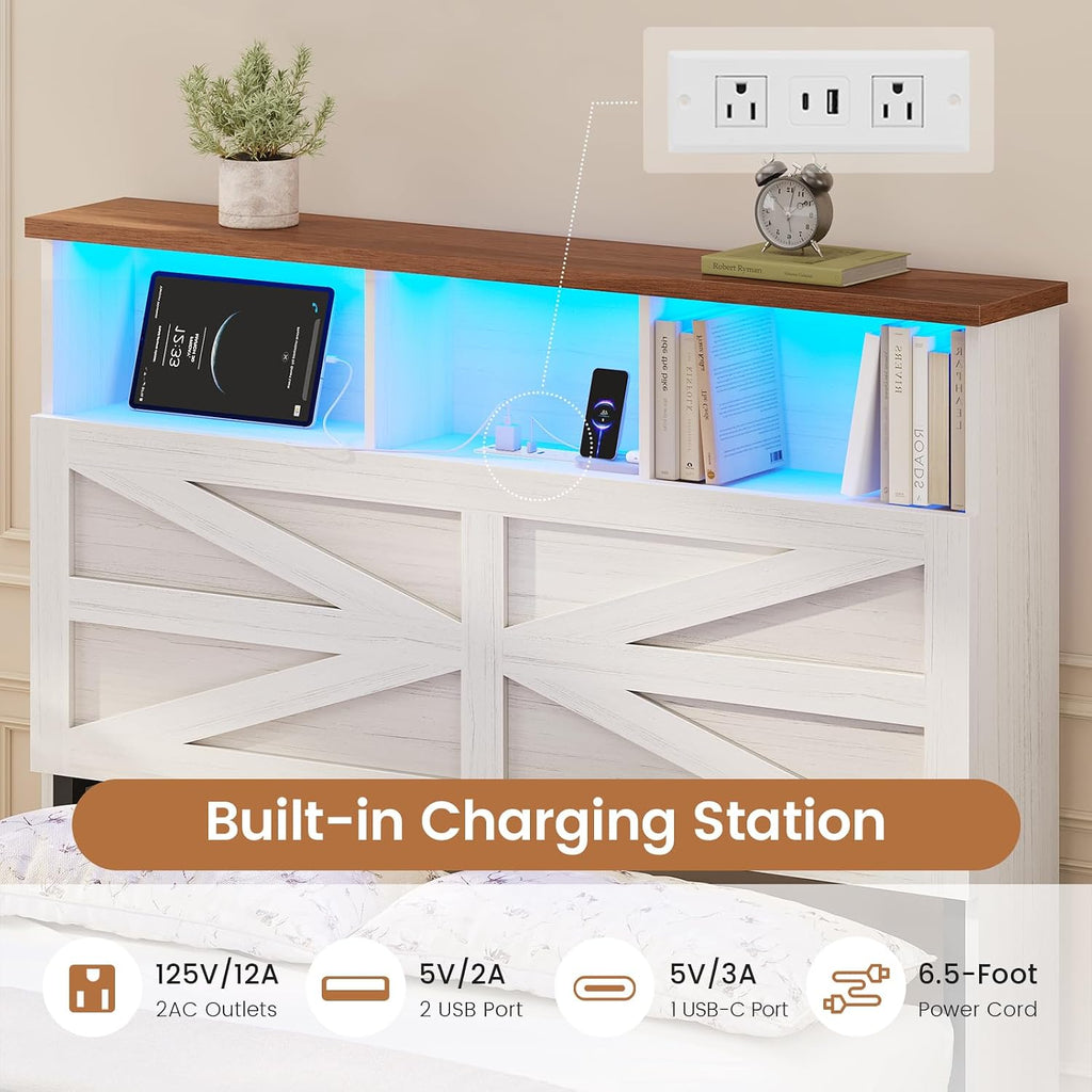 VIAGDO Twin Bed Frames with 5 Drawers, Farmhouse Bed Frame with Barn Door Headboard and Storage, Wood Platform Bed Frame Twin Size with Charging Station and LED Lights, No Box Spring Needed, White