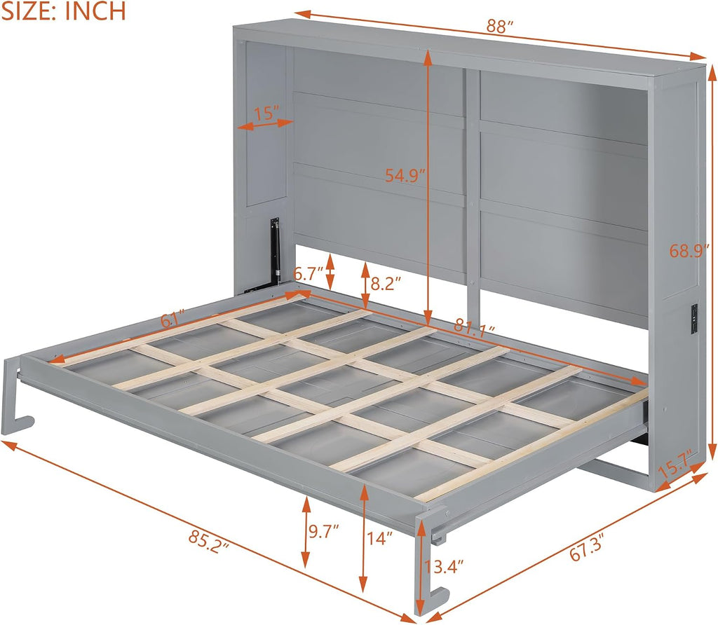 Harper & Bright Designs Queen Size Murphy Bed, Wooden Queen Murphy Wall Bed Frame with a Set of Sockets & USB Ports, Gray