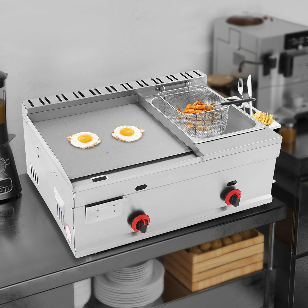 1.59 Gal Commercial Deep Fryer Stainless Steel Flat Top Grill Griddle Gas Countertop Fryer Deep-frying Machine with Grill Griddle for Canteen Restaurant Home