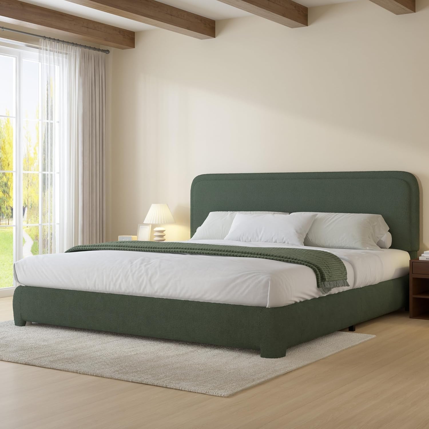 BarnFurin King Size Boucle Bed Frame and Headboard, Cloud Upholstered Platform Bed Frame, Soft Rounded Corners, No Box Spring Required, Non-Slip and Noise-Free, Easy Assembly, Green