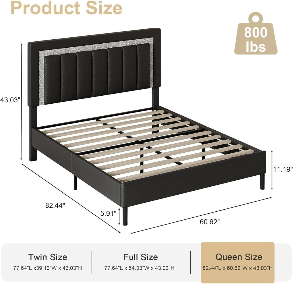 HOMBCK Queen Size Bed Frame with Headboard, Bed Frame Queen with Diamond Vertical Design,Platform Bed Frame with Faux Leather Upholstered,Wooden Slats - No Box Spring Needed, Black