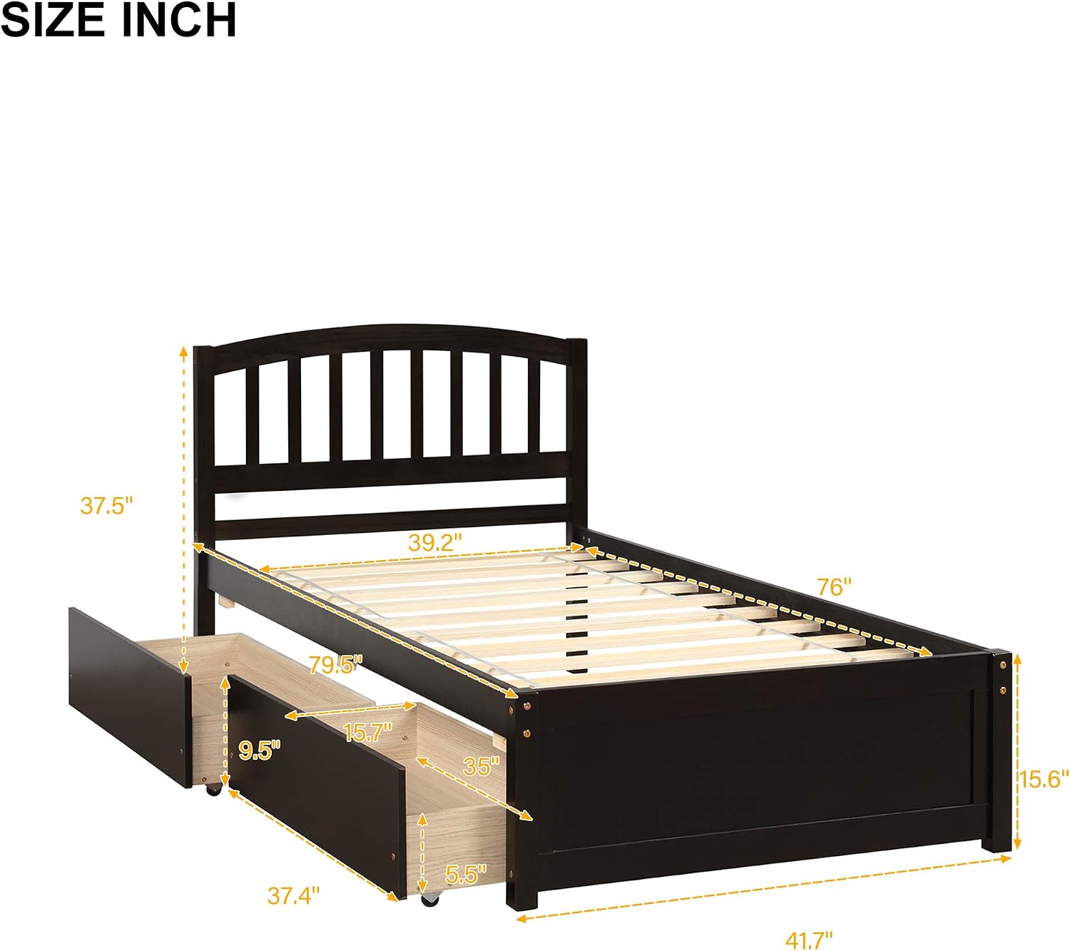SOFTSEA Twin Platform Bed with Drawers, Solid Wood Bed Frame with Headboard Mattress Foundation No Box Spring Needed (Espresso)