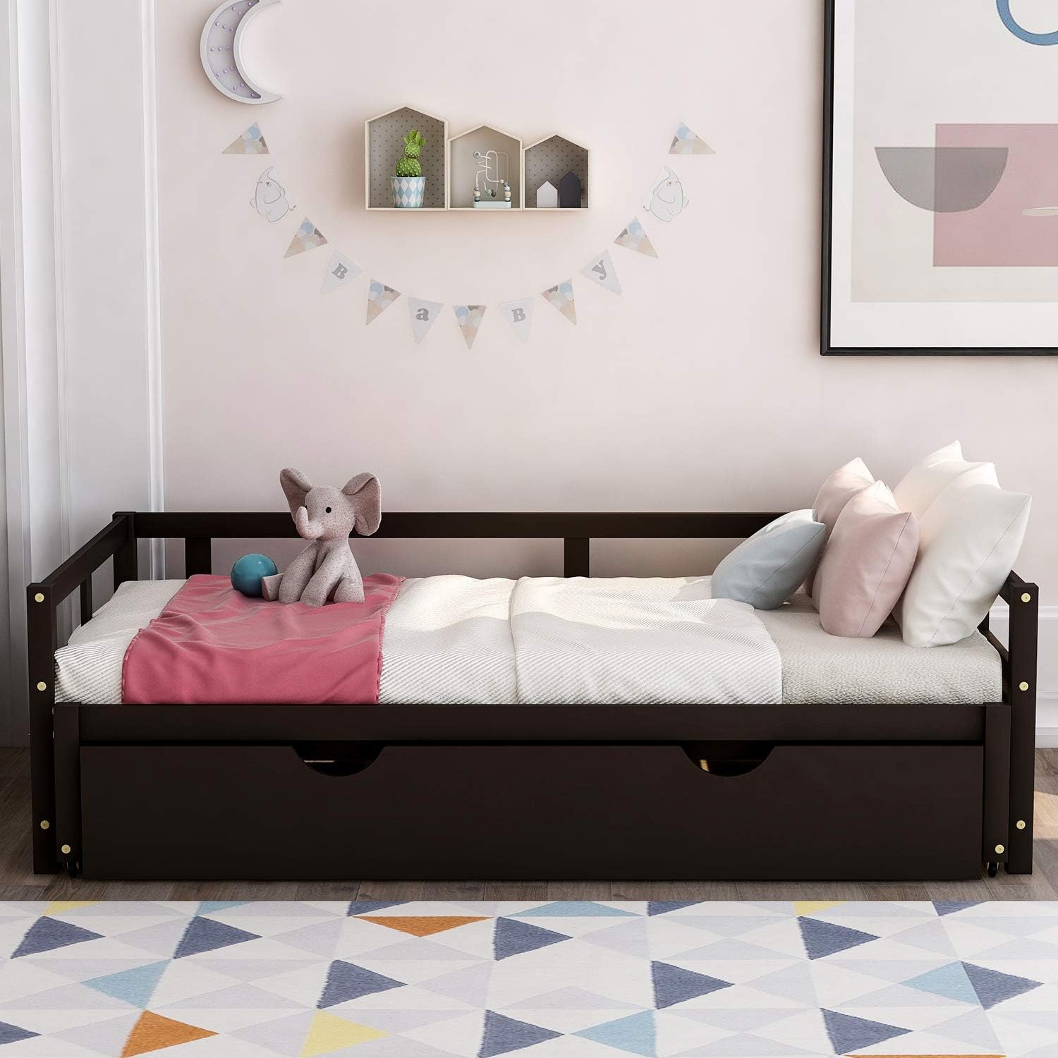 Merax Wooden Daybed Extendable Bed with Trundle, Sofa Bed for Bedroom Living Room, Can be Expanded from Twin Size to King Size (Espresso)