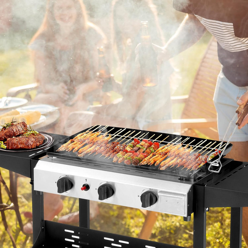 Flat Top Grill with Ceramic Coated Pan, 3 Burner Propane Griddle Station with Rear Grease Management, 30,000 BTU Gas Griddle with 2 Shelves for Outdoor Cooking, Backyard