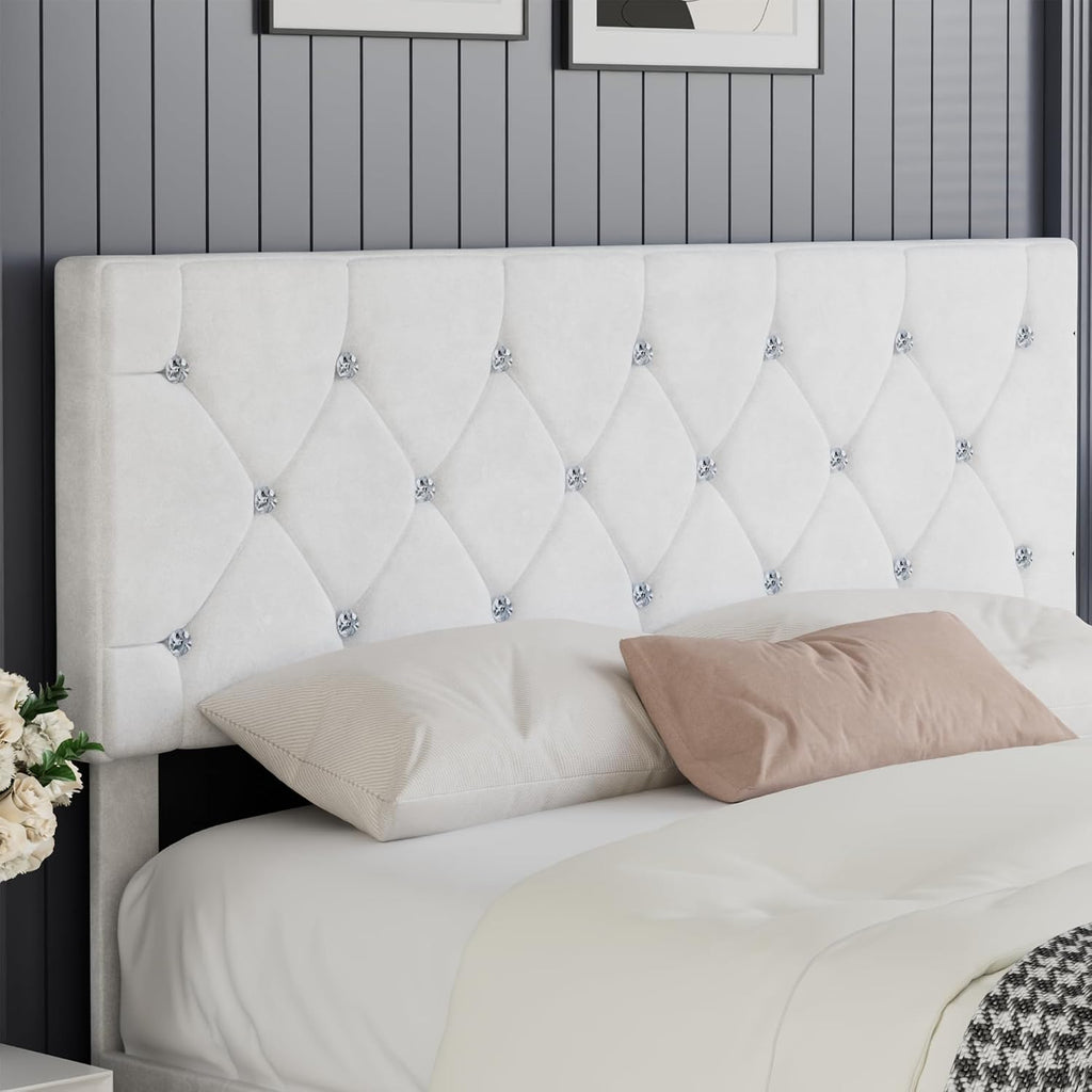 VECELO Queen Size Bed Frame with Diamond Tufted Headboard, Upholstered Platform Bedframe with Wood Slat Support, No Box Spring Needed, Velvet & White