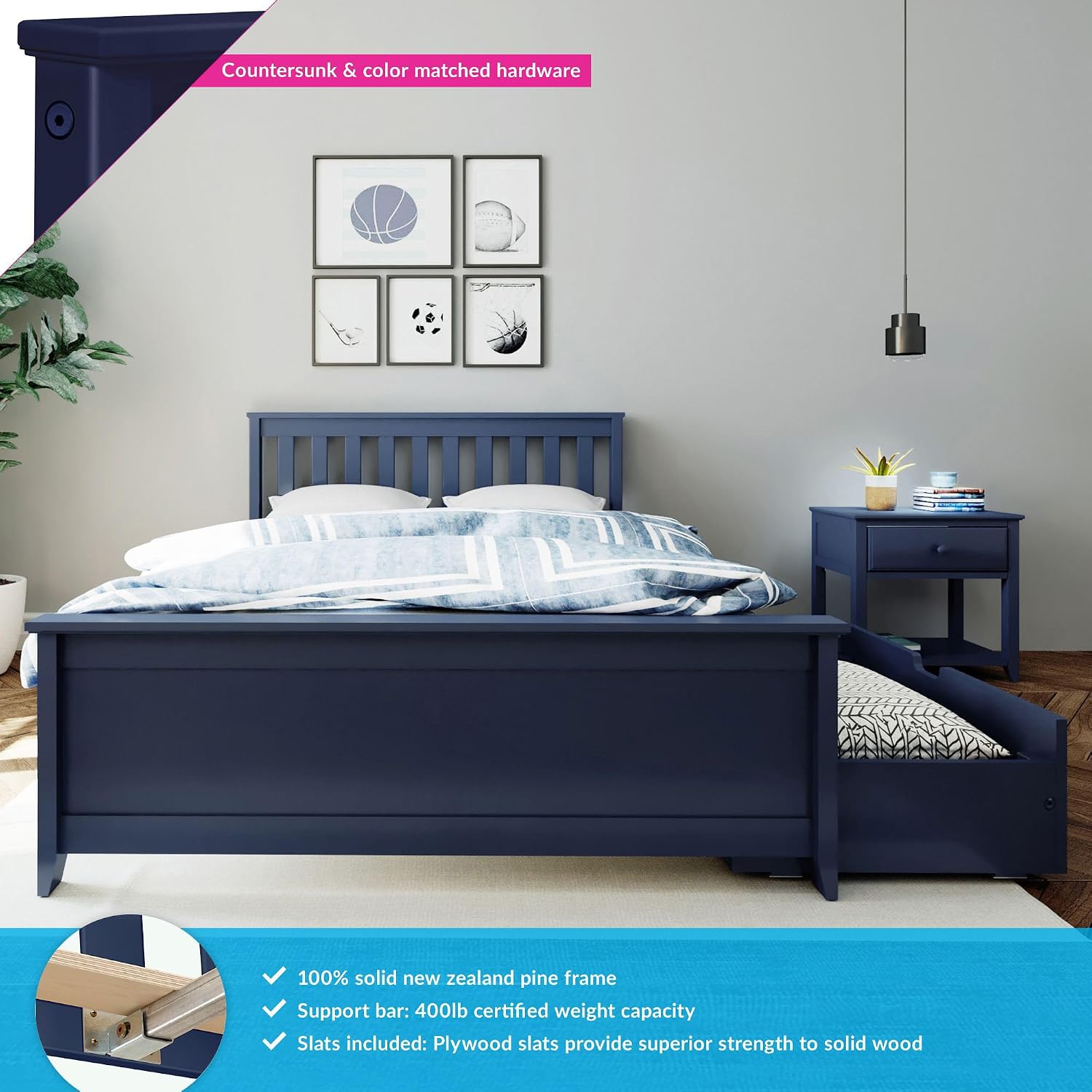 Max & Lily Full Bed, Bed Frame with Headboard For Kids with Storage Drawers, Slatted, Blue