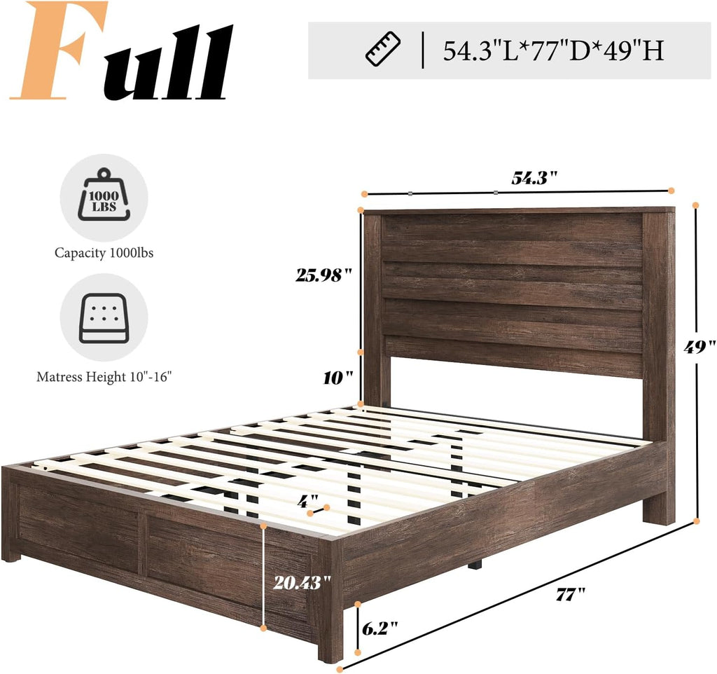 AMERLIFE 2-Piece Farmhouse Bedroom Set, Full Bed Frame and Tall Dresser, Platform Bed with 49' Fluted Headboard, 547' Tall Chest of Drawers with Slat Handles, Gray