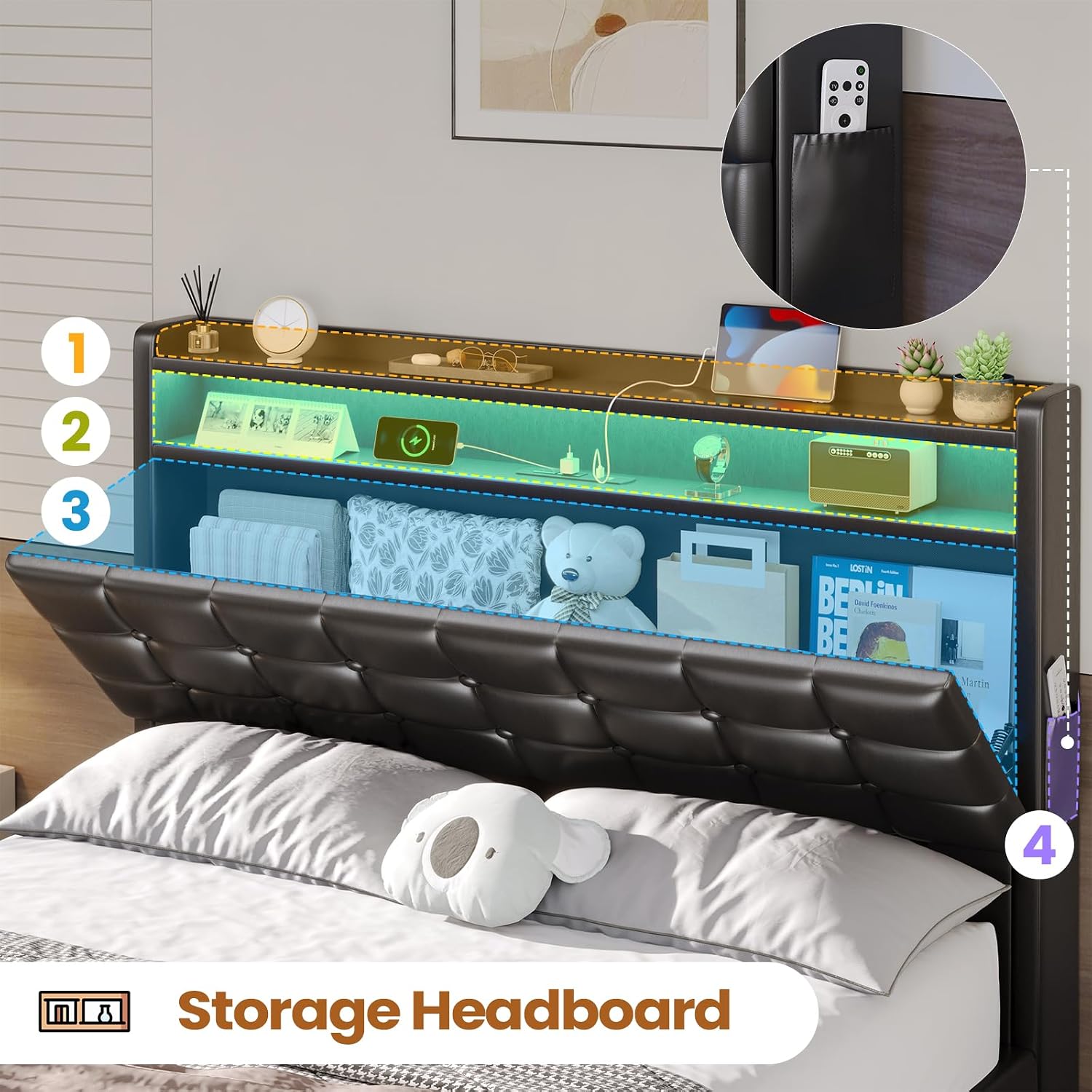 BTHFST Bed Frame Twin Size with Lift Up Storage, Power Outlet & RGB Lights, Upholastered Storage Headboard, Twin Bed with Heavy Duty Steel Slats, No Box Spring Needed, PU Black